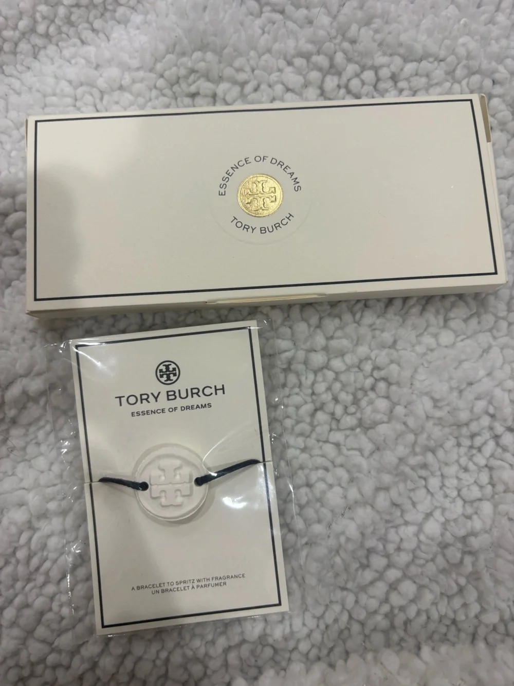Tory Burch Essence of Dreams sample fragrances with TB Fragrance bracelet